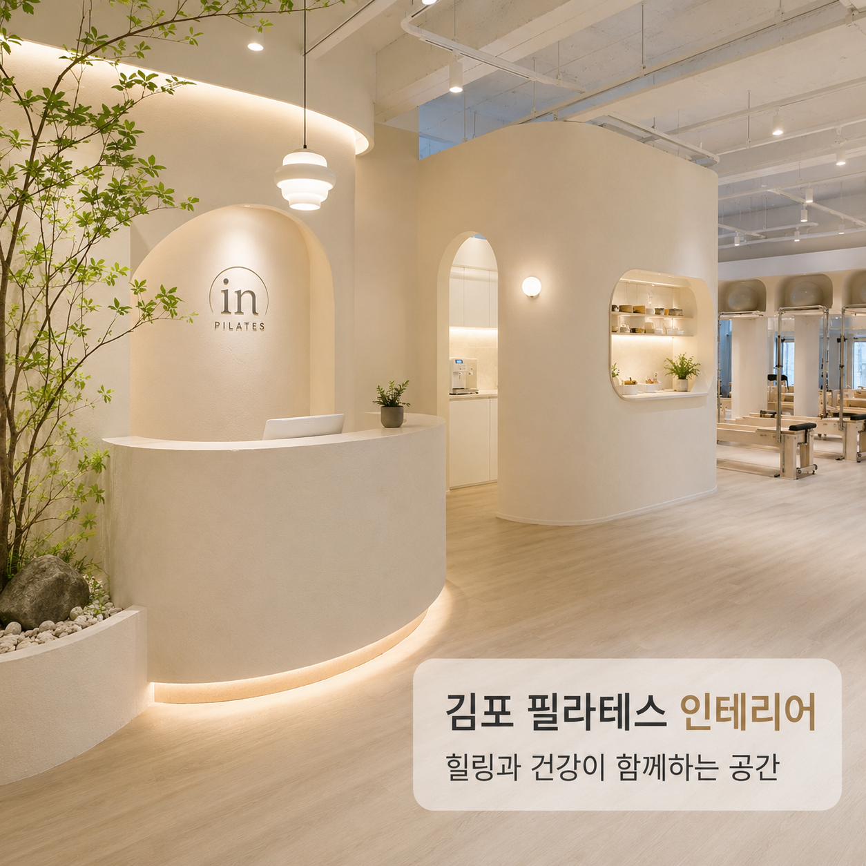 김포 필라테스 인테리어 시공사례｜곡선 디자인과 플랜테리어를 담은 프리미엄 운동 공간 '필라테스인'